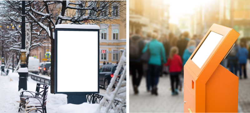 kiosks in sun and snow